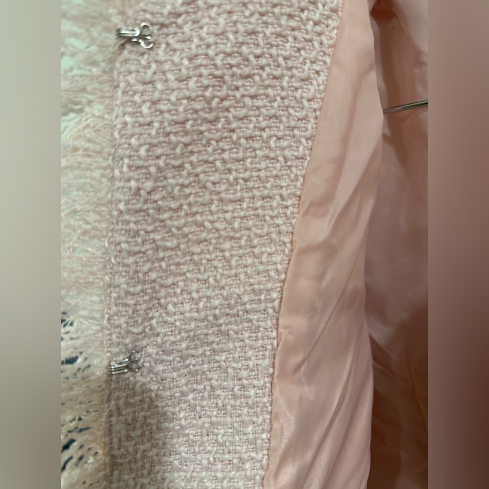 Pink Frayed Edge Fringe Women's Tweed Long Boucle Blazer barbie - Picture 9 of 11